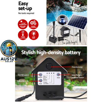 Gardeon Solar Pond Pump Submersible Water Fountain with Battery Kit LED Lights 6.6FT