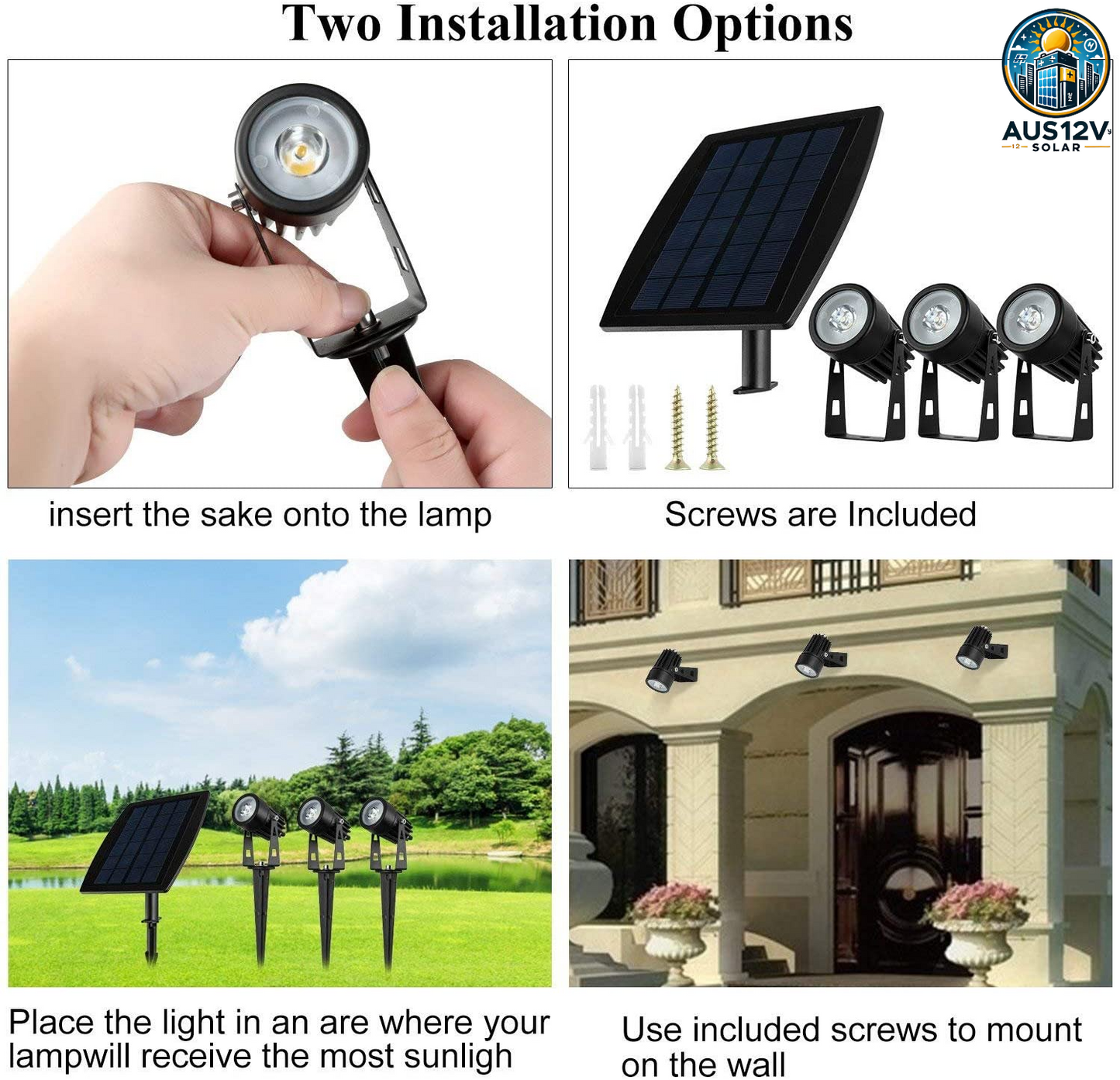 3 x LED Spotlights Powered Solar Garden Lights Outdoor Waterproof (Warm White)