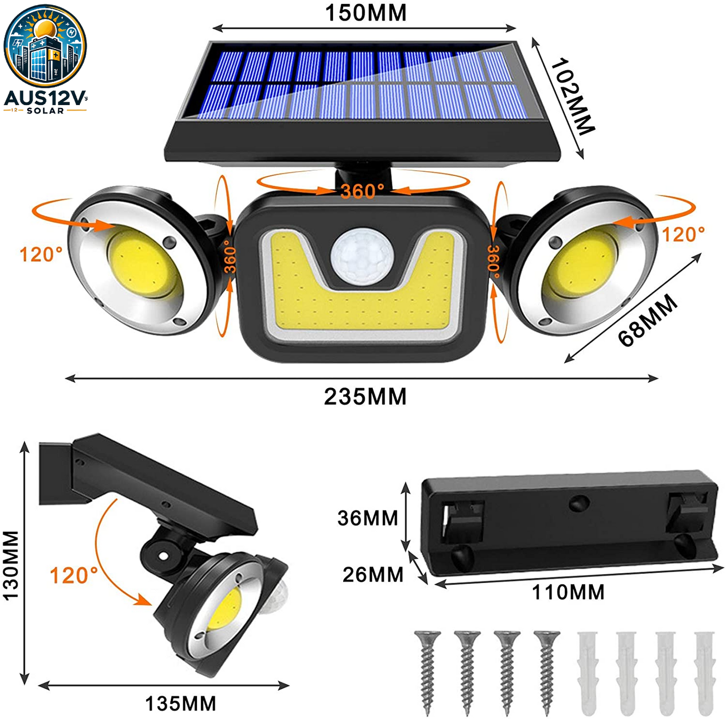 Outdoor Solar Lights with 3 Adjustable Head for Porch Garden Patio