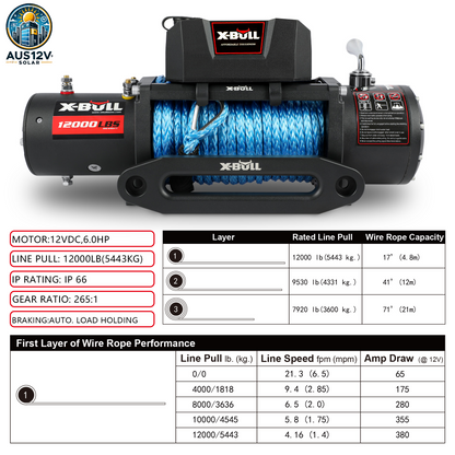 X-BULL Electric Winch 12V 5454kg 26M Synthetic Rope Wireless Remote 4WD 4X4